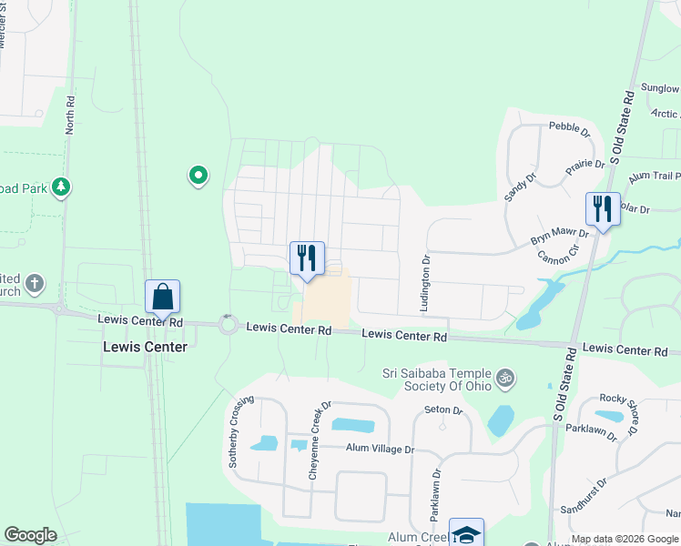 map of restaurants, bars, coffee shops, grocery stores, and more near 2171 Roosevelt Drive in Lewis Center
