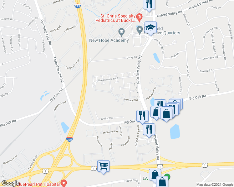 map of restaurants, bars, coffee shops, grocery stores, and more near 1708 Hayes Road in Yardley