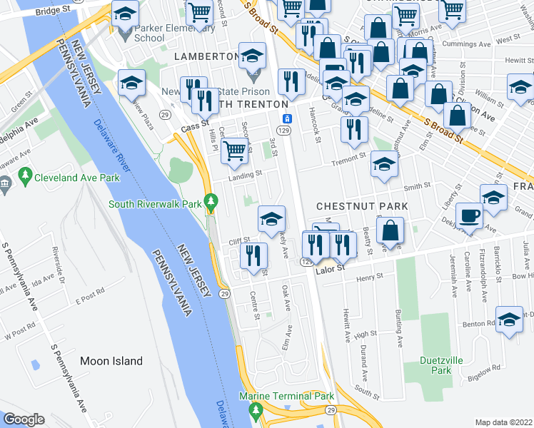 map of restaurants, bars, coffee shops, grocery stores, and more near 680 2nd Street in Trenton