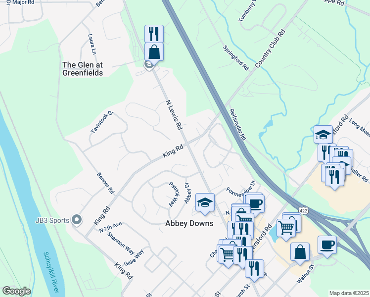 map of restaurants, bars, coffee shops, grocery stores, and more near 389 North Lewis Road in Royersford