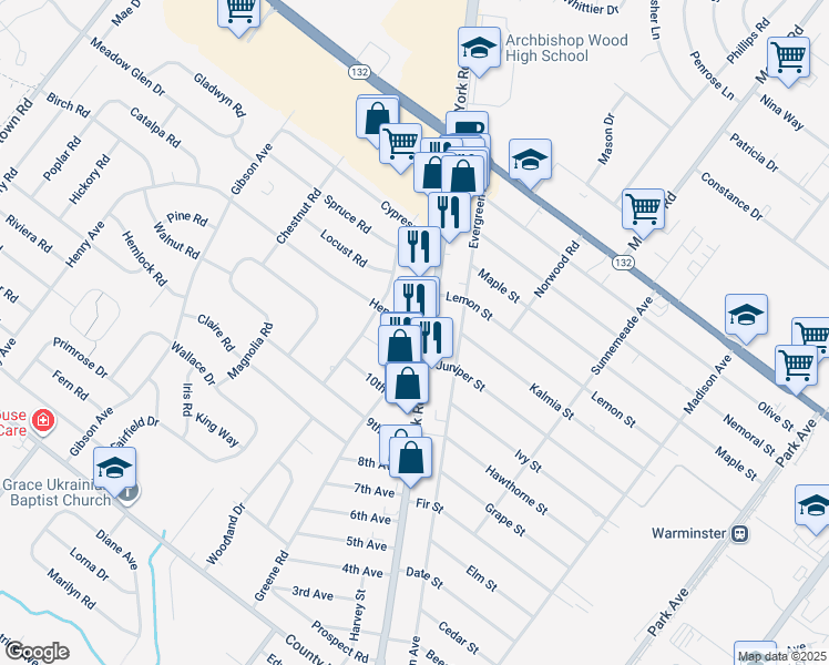 map of restaurants, bars, coffee shops, grocery stores, and more near 604 Henry Avenue in Warminster