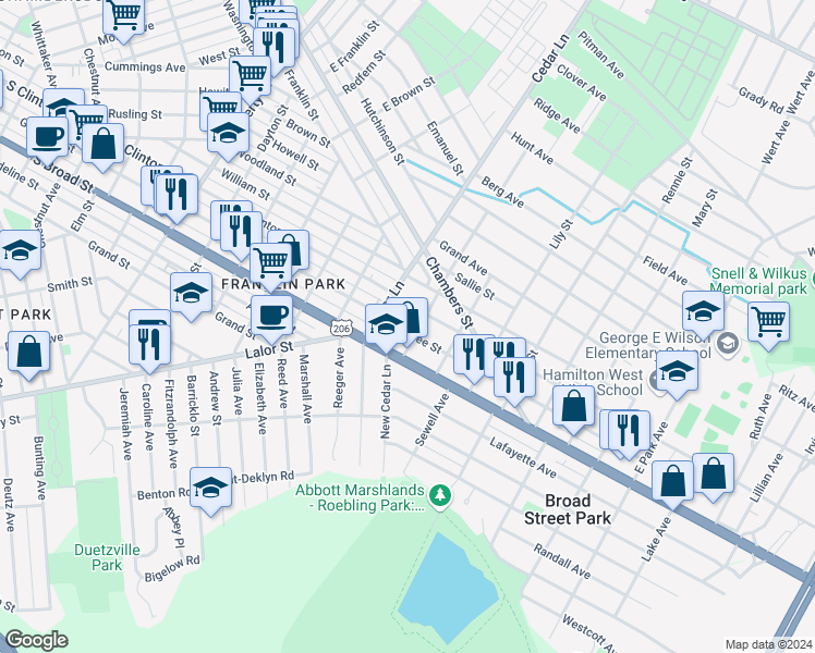 map of restaurants, bars, coffee shops, grocery stores, and more near 1442 Genesee Street in Hamilton Township