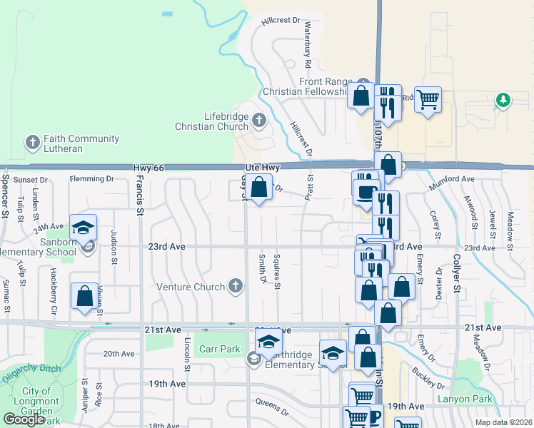 map of restaurants, bars, coffee shops, grocery stores, and more near 2402 Gordon Court in Longmont