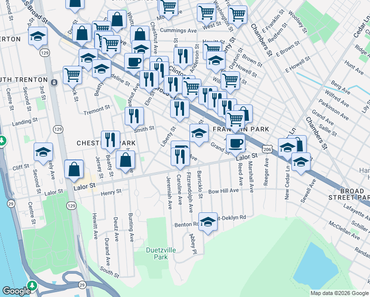 map of restaurants, bars, coffee shops, grocery stores, and more near 977 Smith Street in Trenton