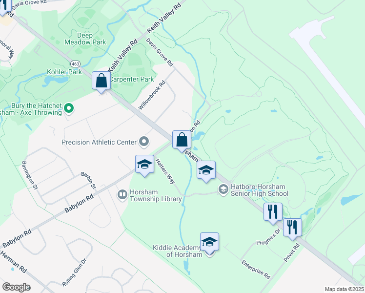 map of restaurants, bars, coffee shops, grocery stores, and more near 850 Horsham Road in Horsham