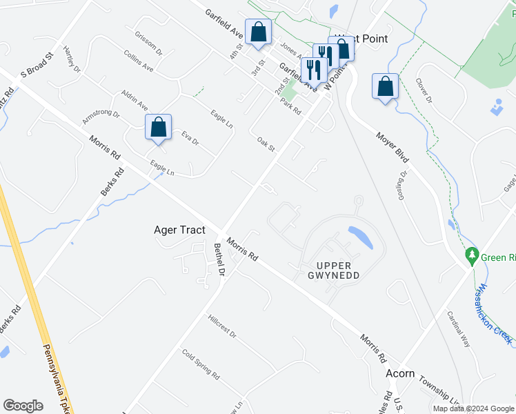 map of restaurants, bars, coffee shops, grocery stores, and more near 1977 West Point Pike in Lansdale