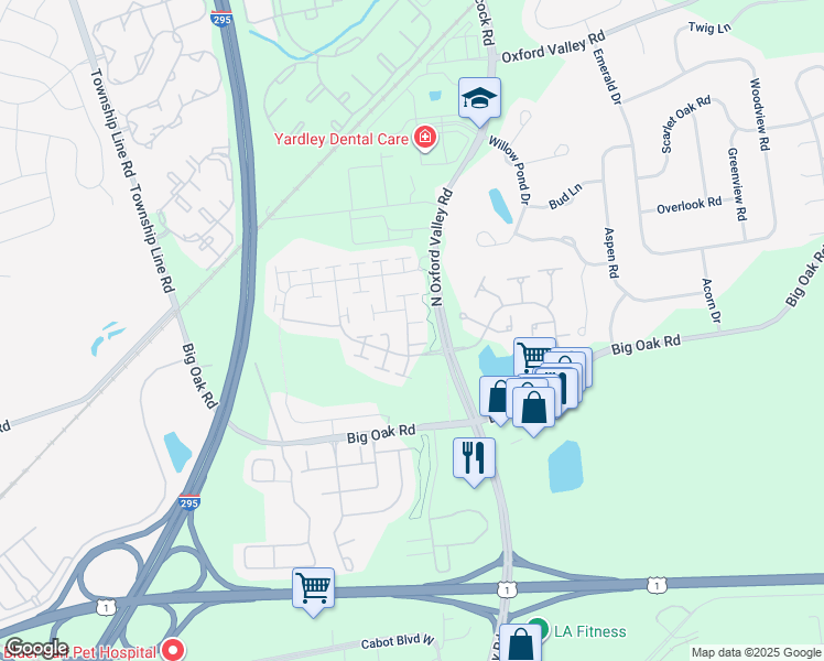 map of restaurants, bars, coffee shops, grocery stores, and more near 1673 Manion Way in Yardley