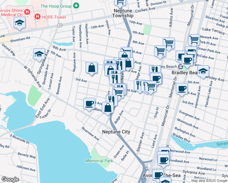 map of restaurants, bars, coffee shops, grocery stores, and more near 93 3rd Avenue in Neptune City