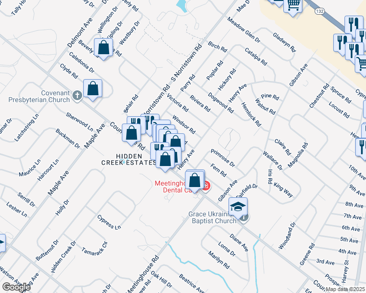 map of restaurants, bars, coffee shops, grocery stores, and more near 978 Coronet Road in Warminster