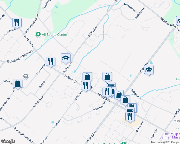map of restaurants, bars, coffee shops, grocery stores, and more near 137 Harvard Drive in Collegeville
