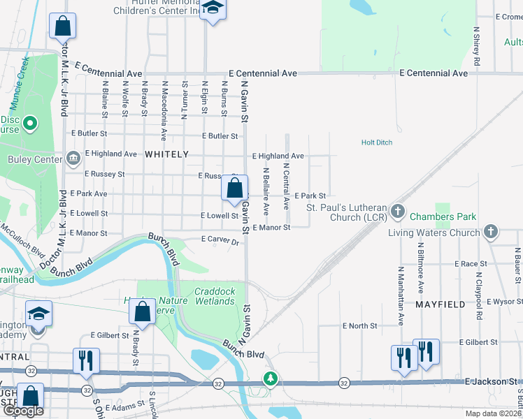 map of restaurants, bars, coffee shops, grocery stores, and more near 921 North Bellaire Avenue in Muncie