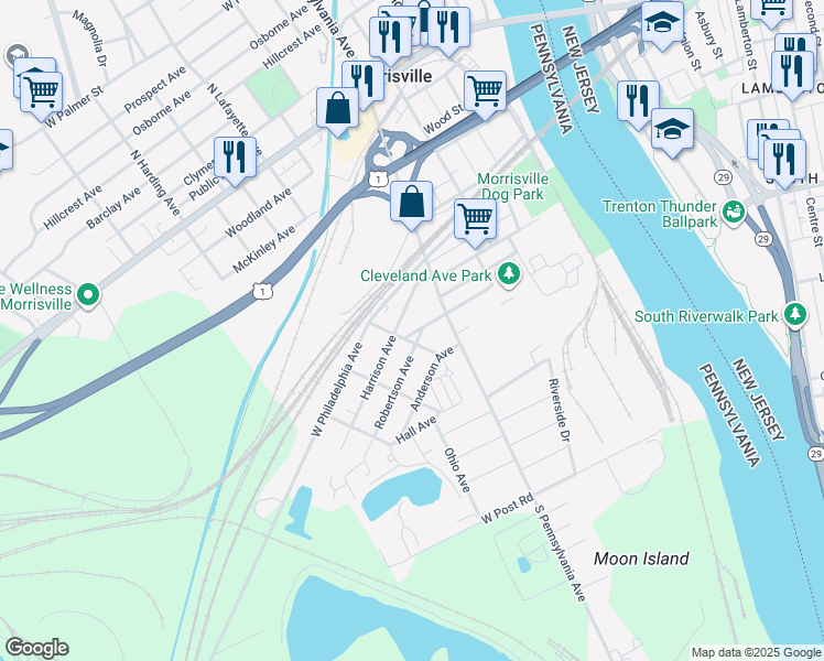 map of restaurants, bars, coffee shops, grocery stores, and more near 42 West Cleveland Avenue in Morrisville