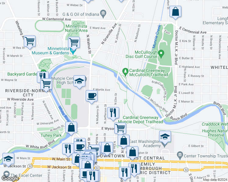 map of restaurants, bars, coffee shops, grocery stores, and more near 735 North Elm Street in Muncie