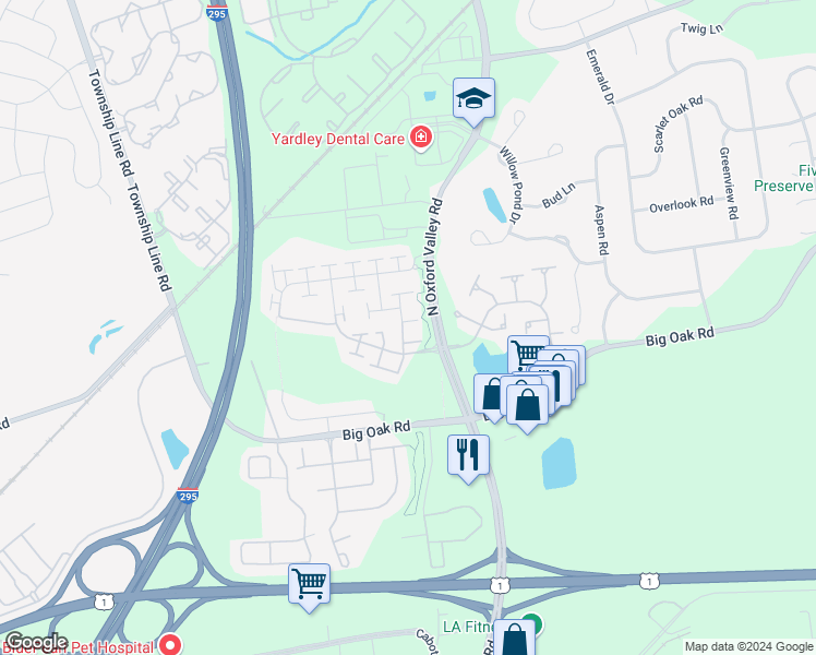 map of restaurants, bars, coffee shops, grocery stores, and more near 1673 Manion Way in Yardley