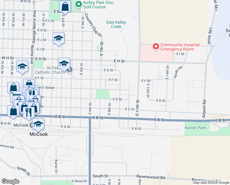 map of restaurants, bars, coffee shops, grocery stores, and more near 901-999 East E Street in McCook