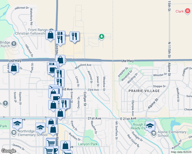 map of restaurants, bars, coffee shops, grocery stores, and more near 2419 Jewel Street in Longmont
