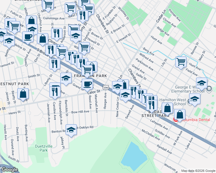 map of restaurants, bars, coffee shops, grocery stores, and more near 1450 South Broad Street in Trenton