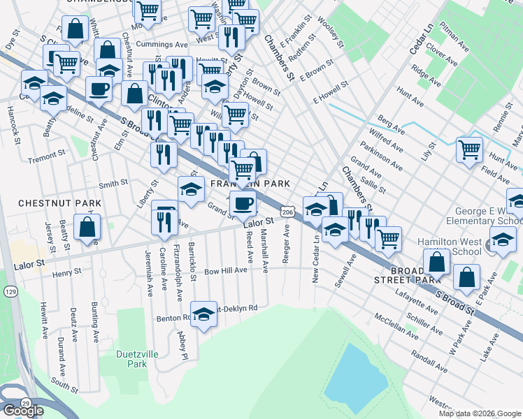 map of restaurants, bars, coffee shops, grocery stores, and more near 1383 South Broad Street in Trenton