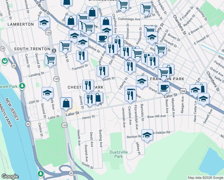 map of restaurants, bars, coffee shops, grocery stores, and more near 145 Barnt Avenue in Trenton