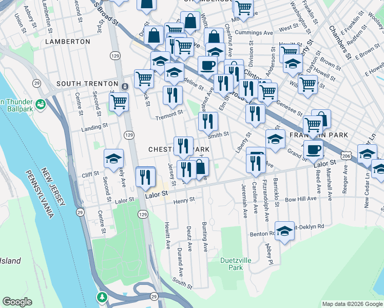 map of restaurants, bars, coffee shops, grocery stores, and more near 428 Home Avenue in Trenton