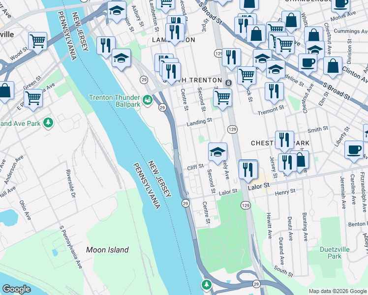 map of restaurants, bars, coffee shops, grocery stores, and more near 936 Lamberton Street in Trenton