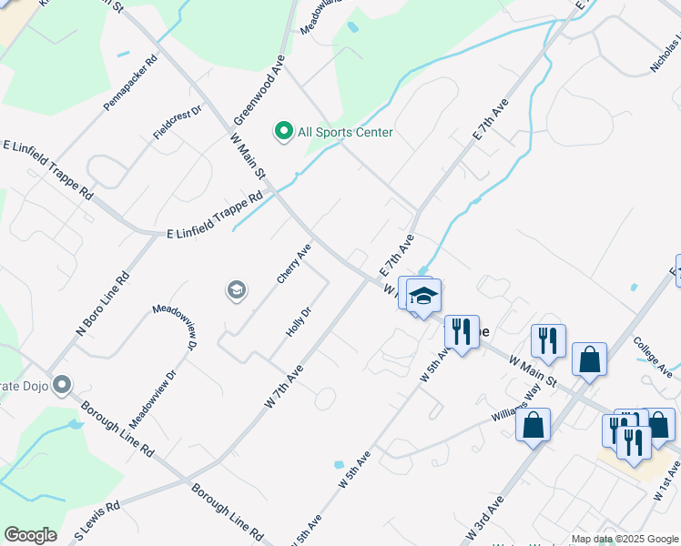 map of restaurants, bars, coffee shops, grocery stores, and more near 716 West Main Street in Trappe