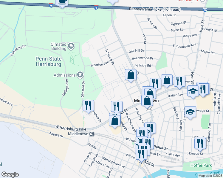 map of restaurants, bars, coffee shops, grocery stores, and more near 625 North Spring Street in Middletown