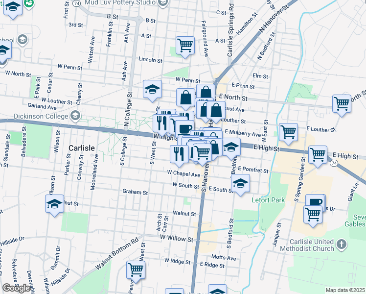map of restaurants, bars, coffee shops, grocery stores, and more near 56 West High Street in Carlisle