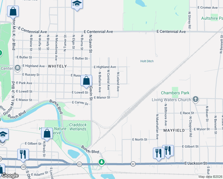 map of restaurants, bars, coffee shops, grocery stores, and more near 937 N Central Ave in Muncie