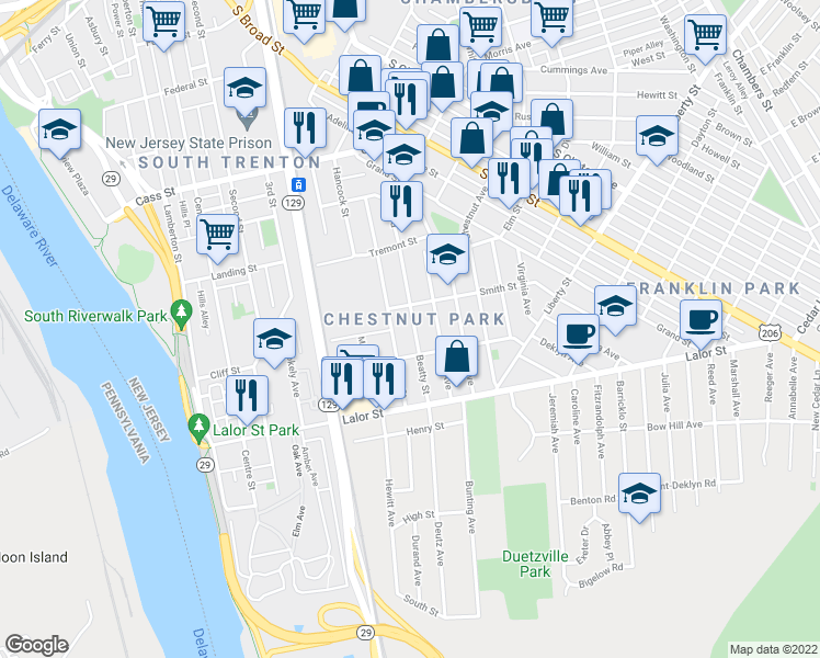 map of restaurants, bars, coffee shops, grocery stores, and more near 829 Beatty Street in Trenton