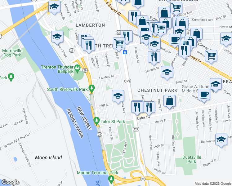 map of restaurants, bars, coffee shops, grocery stores, and more near 676 Second Street in Trenton
