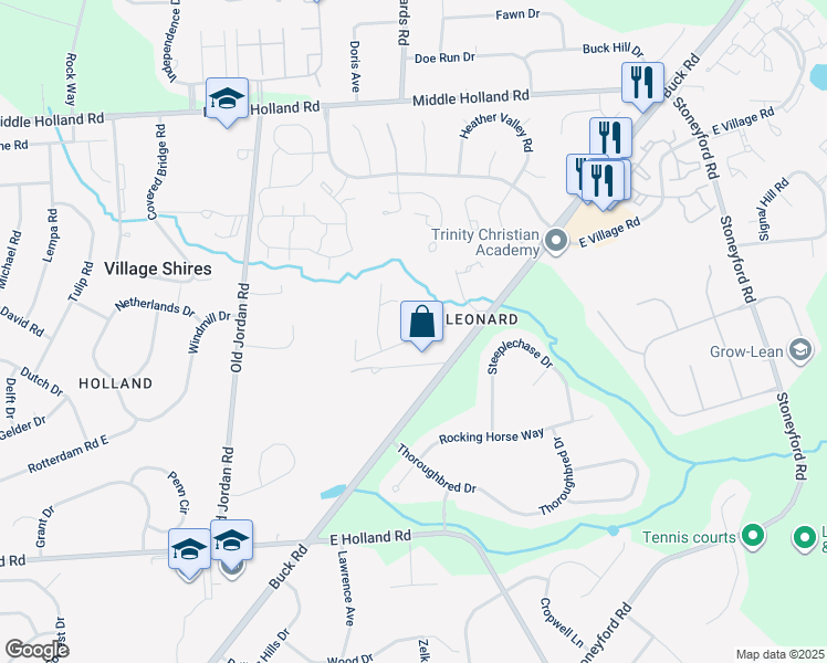 map of restaurants, bars, coffee shops, grocery stores, and more near 57 Spring Avenue in Village Shires