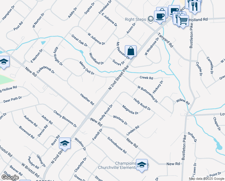 map of restaurants, bars, coffee shops, grocery stores, and more near 363 North 2nd Street Pike in Churchville
