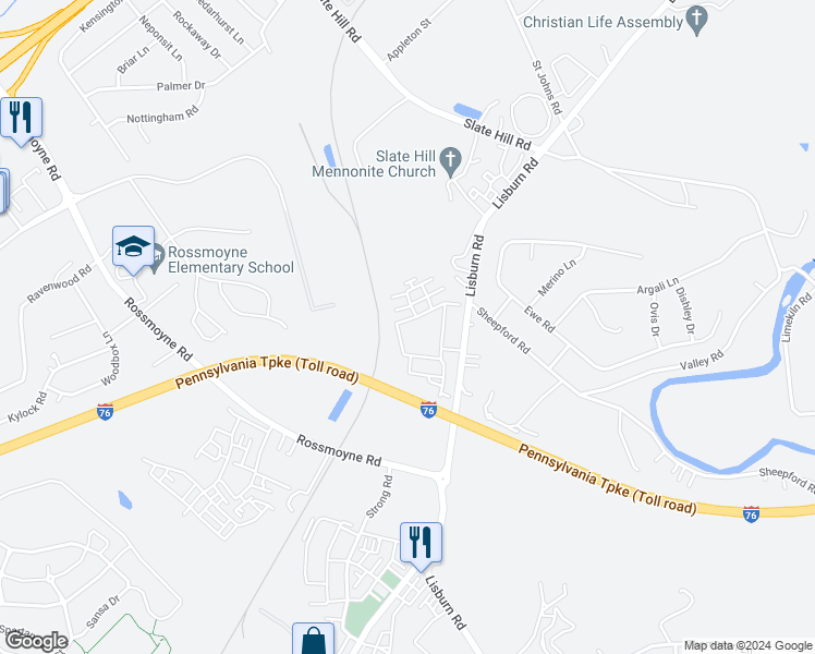 map of restaurants, bars, coffee shops, grocery stores, and more near 2950 Meridian Lane in Mechanicsburg