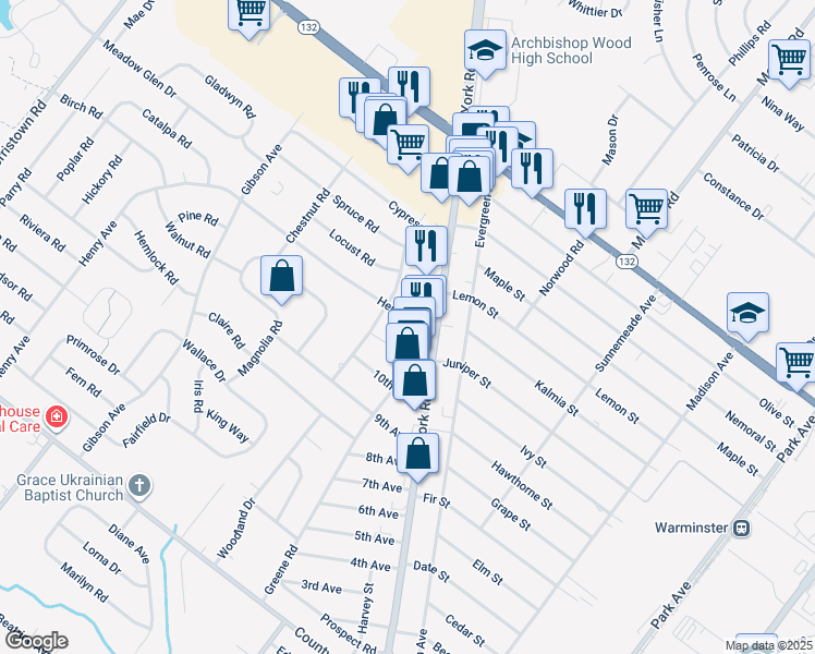 map of restaurants, bars, coffee shops, grocery stores, and more near 604 Henry Avenue in Warminster