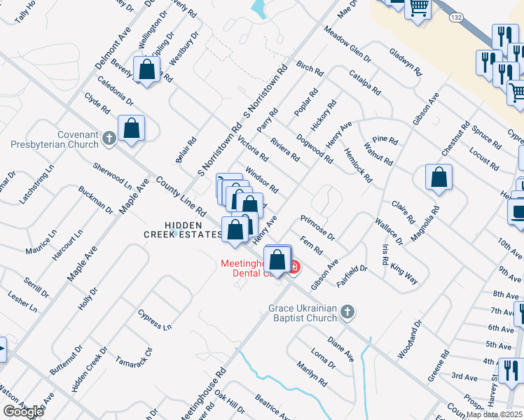 map of restaurants, bars, coffee shops, grocery stores, and more near 978 Coronet Road in Warminster
