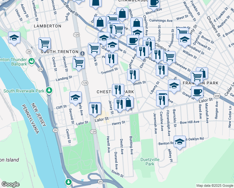 map of restaurants, bars, coffee shops, grocery stores, and more near 836 Beatty Street in Trenton