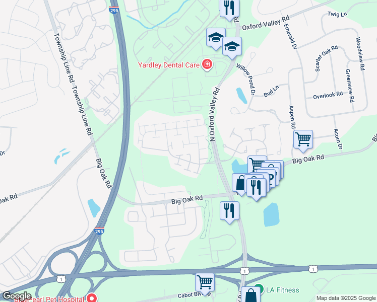 map of restaurants, bars, coffee shops, grocery stores, and more near 195 Garfield Way in Yardley