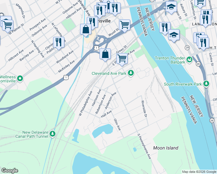 map of restaurants, bars, coffee shops, grocery stores, and more near W Cleveland Ave in Morrisville