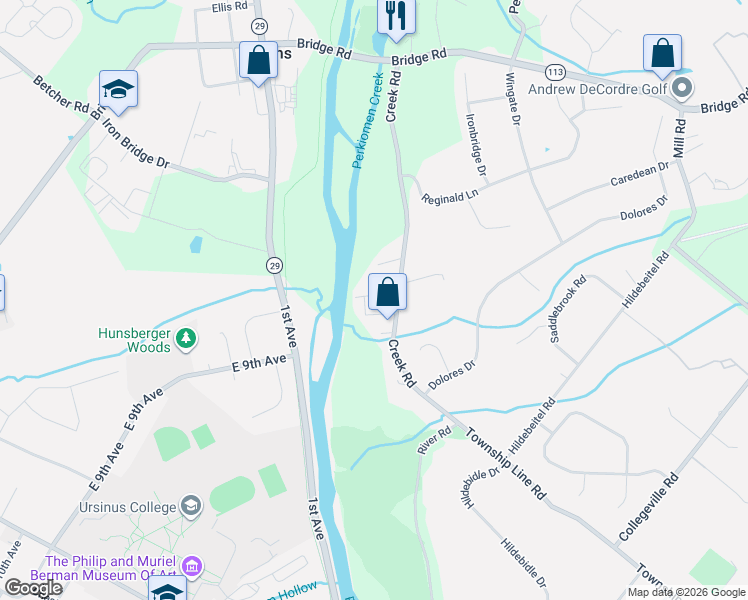 map of restaurants, bars, coffee shops, grocery stores, and more near 66 Penn Road in Collegeville