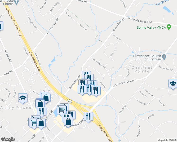 map of restaurants, bars, coffee shops, grocery stores, and more near 1512 Brooke Drive in Royersford