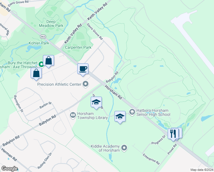 map of restaurants, bars, coffee shops, grocery stores, and more near 850 Horsham Road in Horsham
