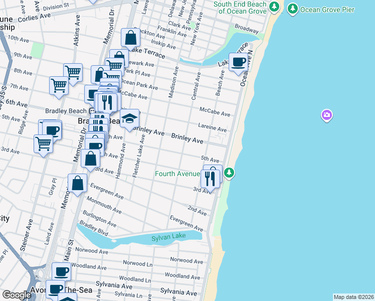map of restaurants, bars, coffee shops, grocery stores, and more near 505 Central Avenue in Bradley Beach