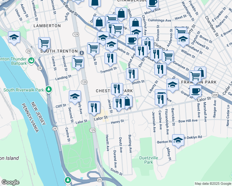 map of restaurants, bars, coffee shops, grocery stores, and more near 836 Beatty Street in Trenton