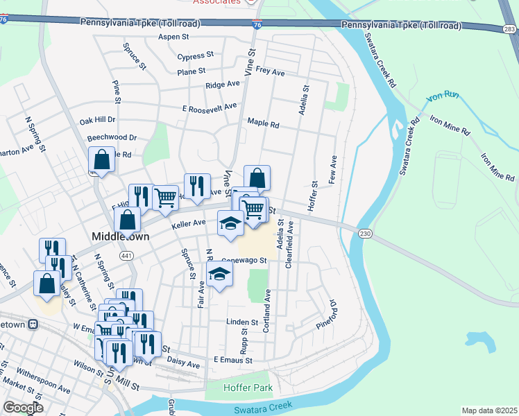 map of restaurants, bars, coffee shops, grocery stores, and more near 440 E Main St in Middletown
