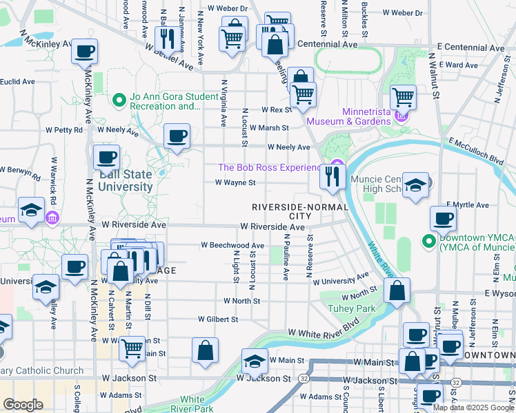 map of restaurants, bars, coffee shops, grocery stores, and more near 901 North Linden Street in Muncie