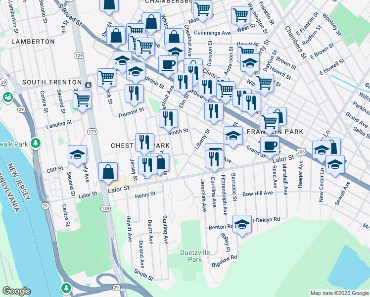 map of restaurants, bars, coffee shops, grocery stores, and more near 160 Barnt Avenue in Trenton