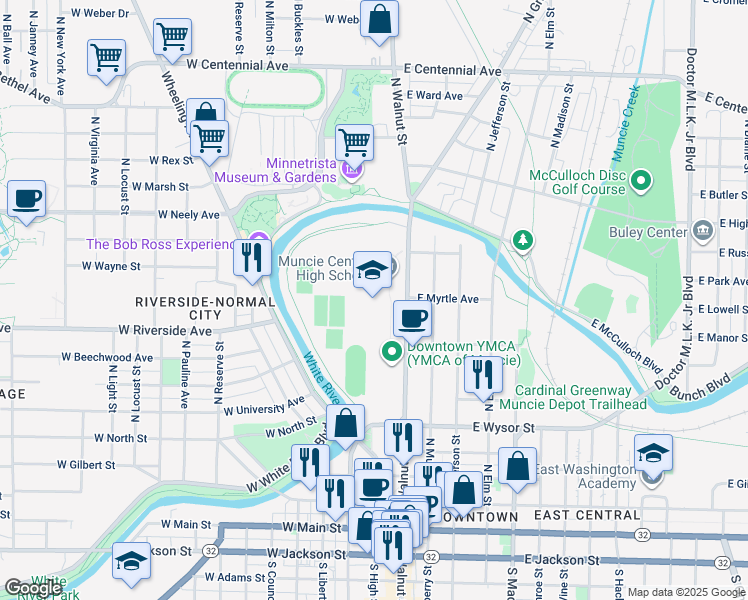 map of restaurants, bars, coffee shops, grocery stores, and more near 801 North Walnut Street in Muncie