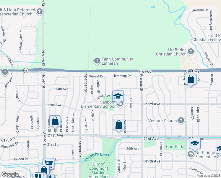 map of restaurants, bars, coffee shops, grocery stores, and more near 1720 Flemming Drive in Longmont