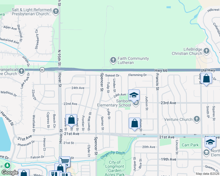 map of restaurants, bars, coffee shops, grocery stores, and more near 2424 Linden Street in Longmont